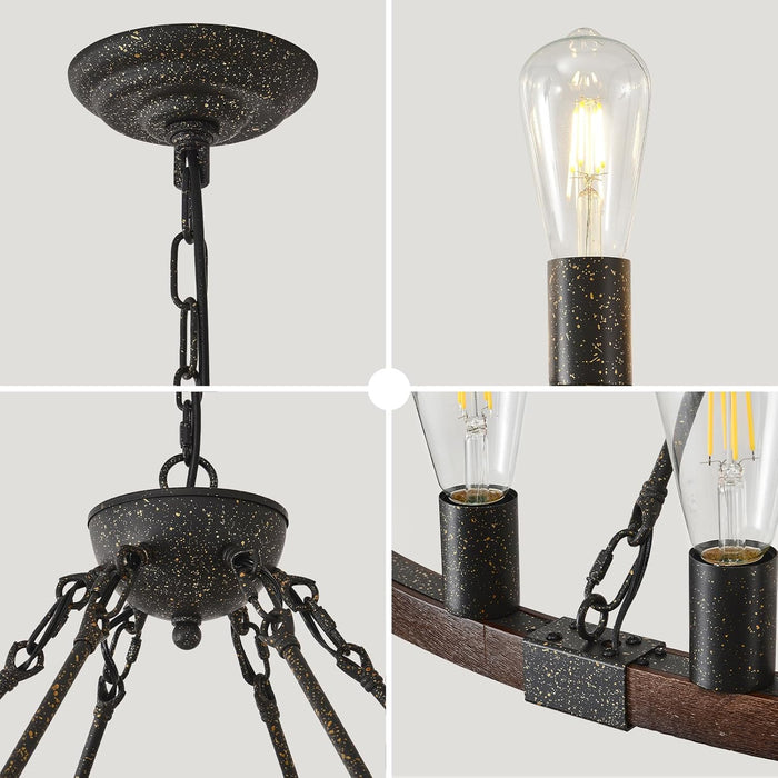 XL Handcrafted MatteBlack Walnut WagonWheel Chandelier
