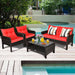 4-Piece Wicker Patio Conversation Sectional Seating Set Outdoor Patio Rattan Furniture Set with Red Cushions