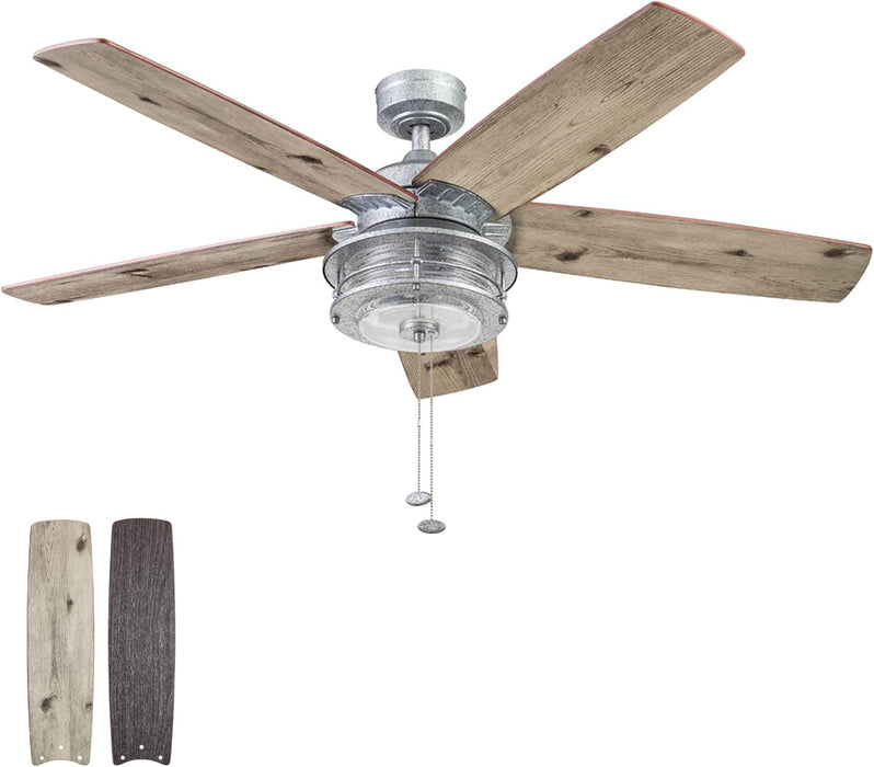 Ceiling Fans Foxhaven Farmhouse 52 Inch Ceiling Fan with Light, Outdoor Fan/Indoor Dual-Mount LED Ceiling Fan, 5 Blades, Ebony and Silver Oak Blade Finish Options, Galvanized (51631-01)