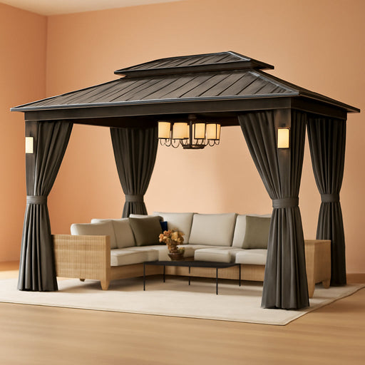 14'X10' Hardtop Gazebo with 4 LED Lights, Outdoor Gazebo with Galvanized Steel Double Roof, Patio Gazebo with Breathable Netting & Privacy Curtain, Decor Hooks for Backyard, Gray