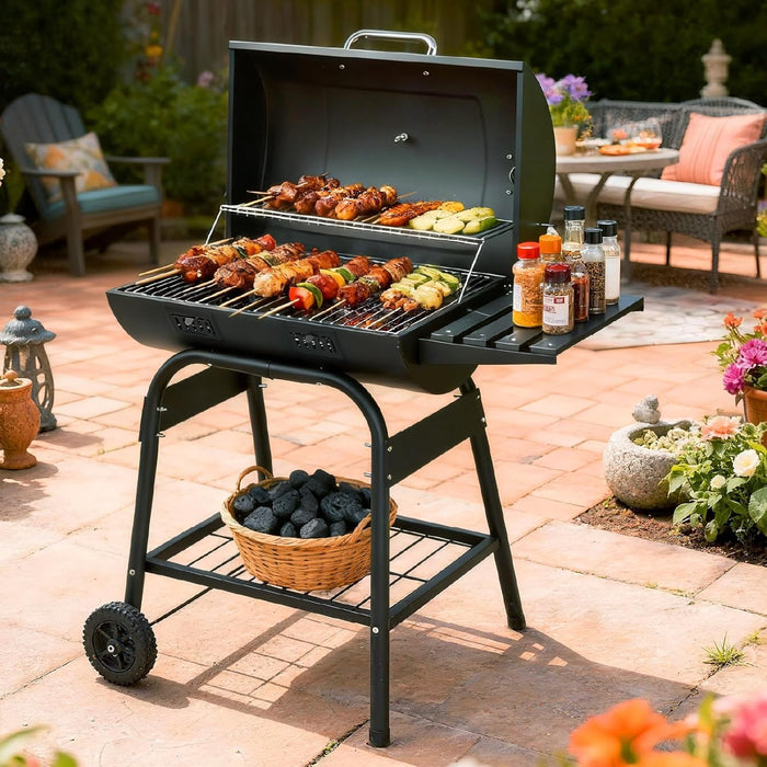 Upgraded Barrel Charcoal Grill with 2 Sides Table, BBQ Grill Outdoor Smoker with Wheels for Party Garden Patio and Backyard Cooking 39''D × 24''W × 46''H (Upgraded Grill W/Side Table)