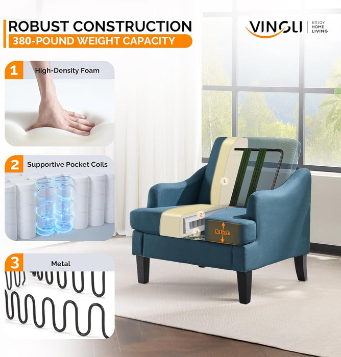 Linen Fabric Accent Chairs Set of 2, Navy Blue Modern Upholstered Armchair, Comfy Sofa Chair Living Room Bedroom Furniture for Apartment