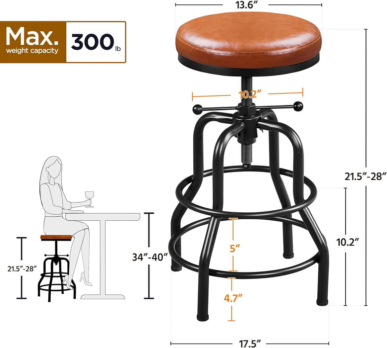 Industrial Bar Stools Vintage Counter Height Bar Stool with round Faux Leather Seat Metal Stool Adjustable Kitchen Stool 21.5-28 Inch Tall Light Brown, 1PCS