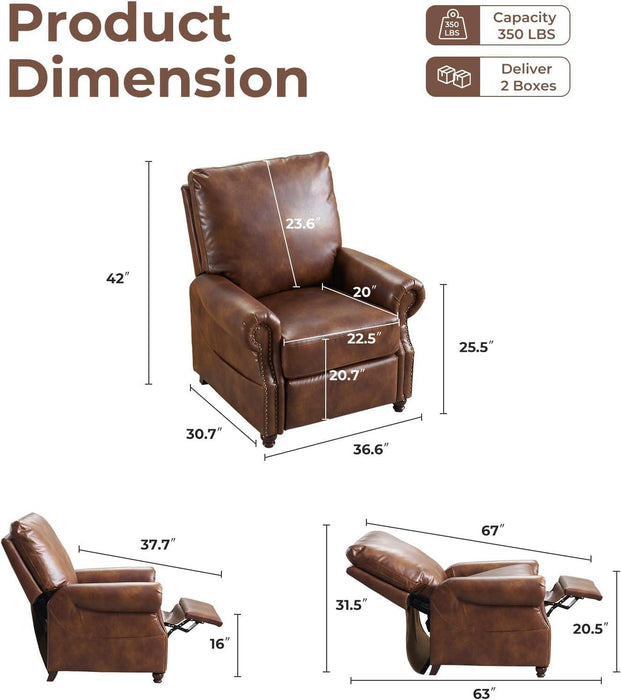 Pushback Recliner Chair with Massage and Heating, Breathable Leather Recliner Chair with Overstuffed Backrest and Rivet Decoration, Single Sofa Accent Chair for Living Room, Light Brown