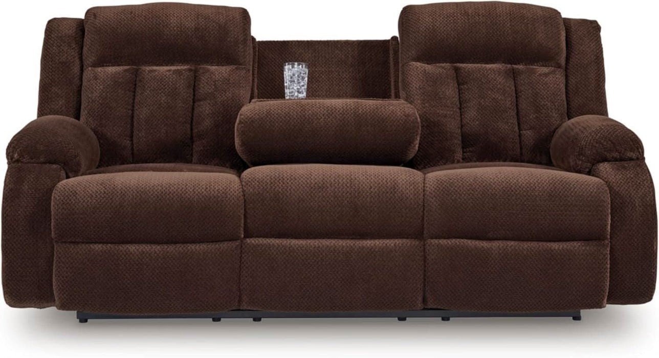 Free Wake Contemporary Dual Sided Power Reclining Sofa with Drop down Table and USB Ports, Dark Brown