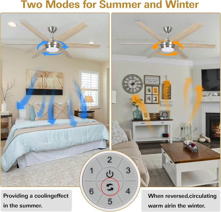 54 Inch Indoor Modern Ceiling Fan with Integrated LED Lights and Remote Control, 6 Blades, 6 Speed, Dimmable, 3CCT, Quiet Reversible Motor Ceiling Fan, Brushed Nickel