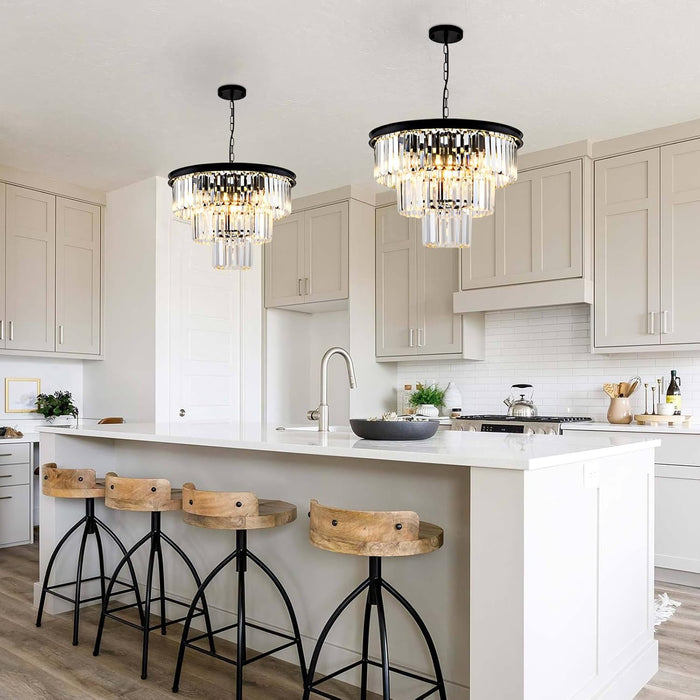 8 Light Modern Crystal Chandelier 20'' Black Chandeliers for Dining Room Contemporary Pendant Light Fixture round 3-Tier Adjustable Height E12 for Living Room, Foyer, Entryway, Bedroom