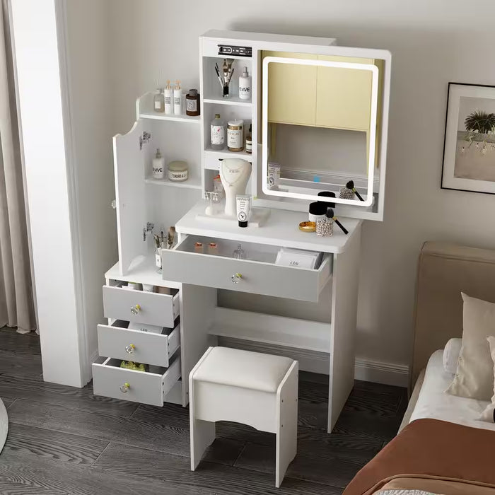 4-Drawers White Wood Makeup Vanity Sets Dressing Table Sets with Stool, Mirror, LED Light, Door and Storage Shelves