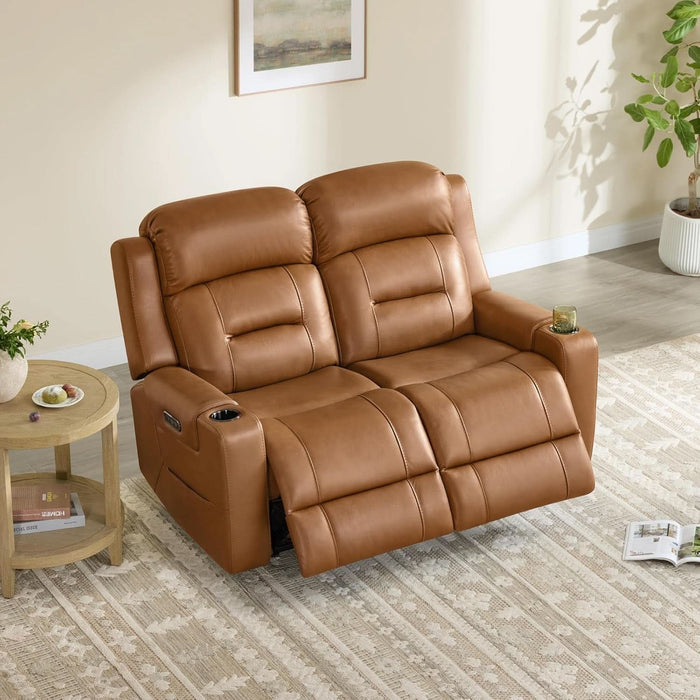 Genuine Leather Power Loveseat Recliner Sofa, Lay Flat Loveseat Reclining Sofa with Power Headrest, Cup Holders, USB & Type-C Ports, Dual Recliners for Living Room, Saddle Brown