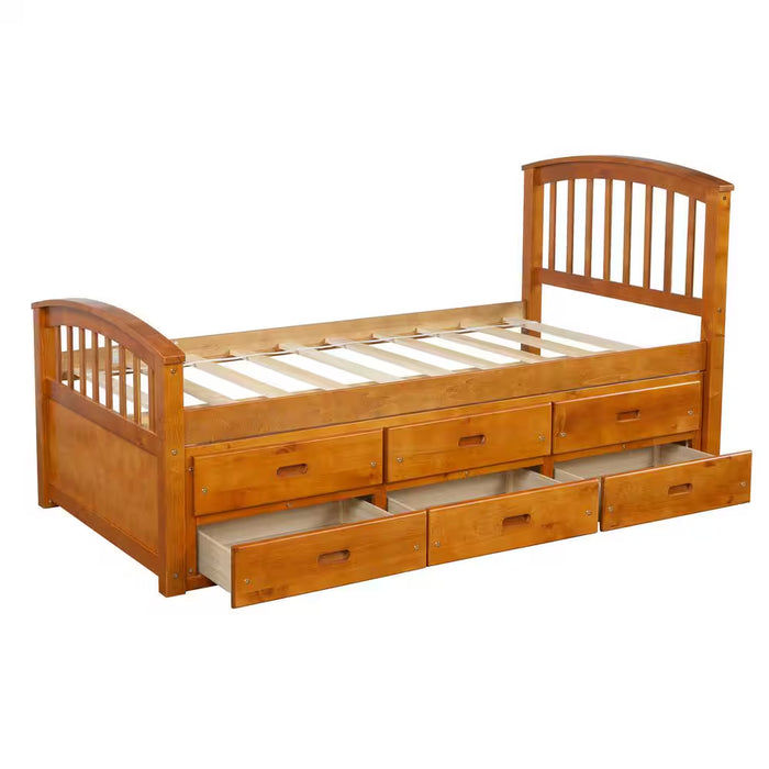 Oak Twin Size Solid Wood Platform Bed with 6-Drawers