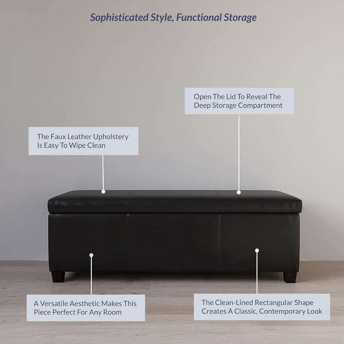 Storage Faux Leather Ottoman, 47 Inch Bench Bedroom Bench with Safety Close Hinge, Extra Long Ottoman with Storage for Living Room, Entryway, Hallway, Foot Rest, Support 300Lbs - Black