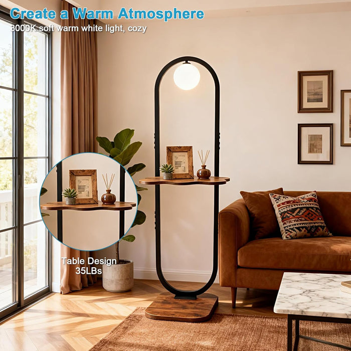 47-Inch Arch Floor Lamp, Modern Standing Lamp with Table, Black Metal Frame with Globe Shade, Living Room Bedroom Lighting, G9 LED Bulb Included for Sofa Beside/Corner Decor