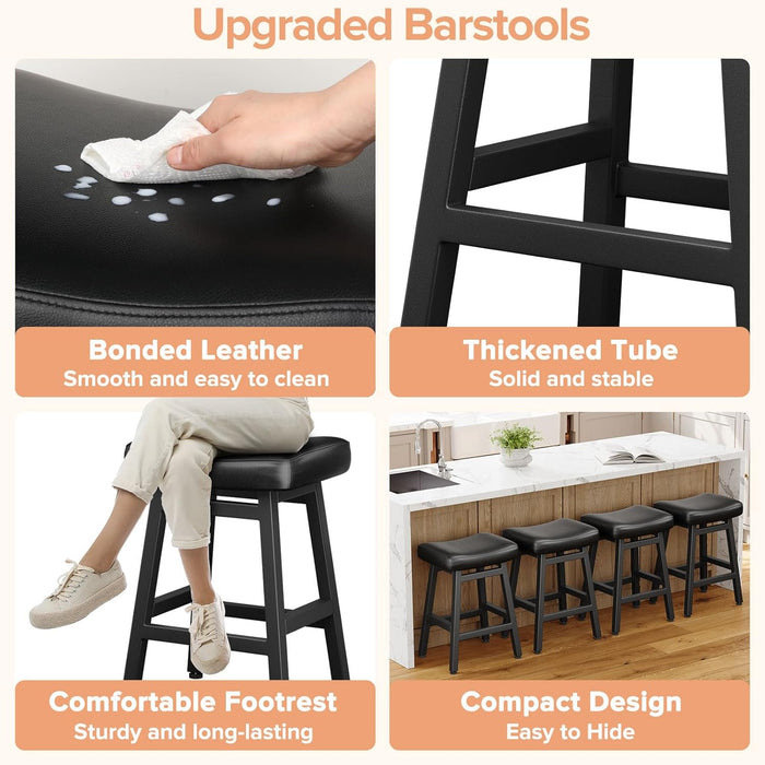 24 Inche Bonded Leather Counter Height Bar Stools Set of 2 Curved | Barstools with Curved Bonded Leather Seats & Heavy Duty Metal Legs for Kitchen Counter, Easy Assembly, All Black