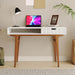 White Computer Desk with Drawers - 45 Inch Minimalist Small Solid Wood Mid-Century Modern Office Desk for Home - Boho Style Writing Table with Open Storage,Light Wooden Desk Workspace