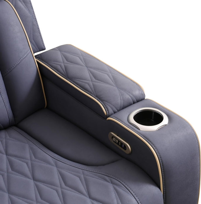 Breathable Leather Power Recliner Sofa Set, 3 Piece Living Room Furniture Set, Electric Reclining Couch Loveseat Chair with Cup Holders, LED Light, USB Port and Storage for Home Theater (Blue-Gray)