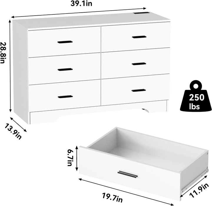 White 6-Drawer Dresser with Power Outlets