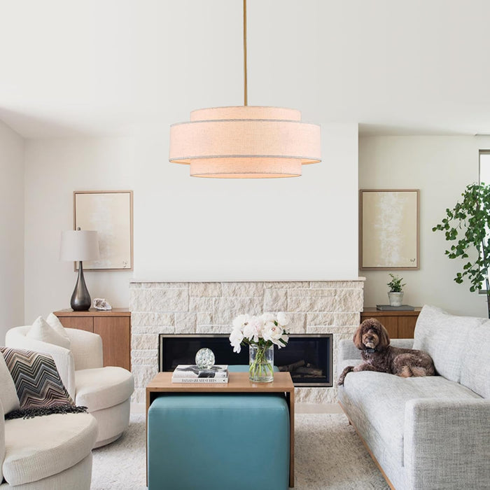 Extraordinary Brushed Gold Drum Chandelier Linen Shade