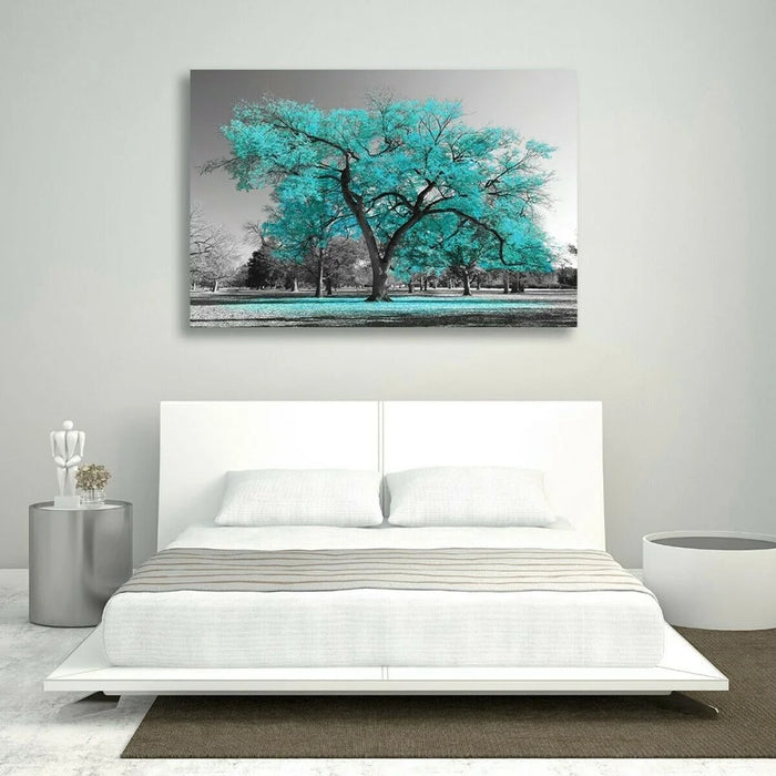 Large Tree Teal Leaves Black White Canvas Painting Wall Art Picture Print Home Decor for Livingroom Bedroom,Unframed