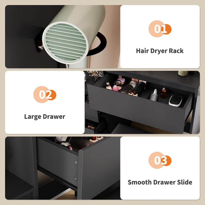 36-Inch Modern Vanity Desk with Mirror and Lights -Dressing Table with 3 Lighting Color Adjustable, Makeup Vanity Table with 4 Drawers, Power Outlet, USB Ports, Stool for Bedroom, Women,