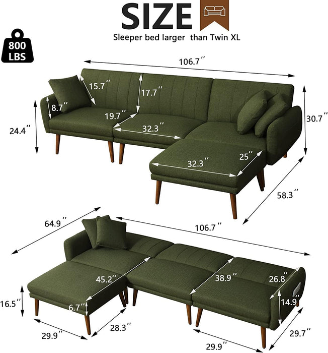 LShaped Linen Sleeper SofaBed With Reclining Backrest