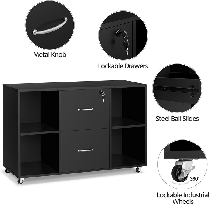 Black File Cabinet Large Mobile Storage Lateral Filing Cabinet with 2 Drawer and 4 Open Compartments,For Letter Size A4 Size, Printer Stand for Home Office, Black