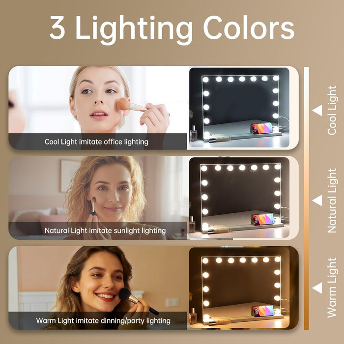 Hollywood Vanity Mirror with Lights, 23"X18" Lighted Makeup Mirror for Desk/Wall Mount with 15 Led Bulbs, 3 Lighting Modes for College Dorm, Bedroom & Dressing Room (White)