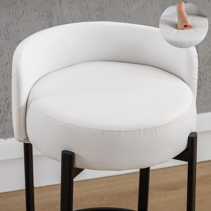 Counter Height Bar Stools 26" round Barstools Set of 2, Modern Faux Leather Counter Stools with Black Metal Legs for for Kitchen Island Counter, Small Space, White