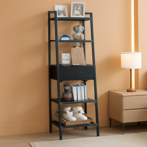 5 Tier Bookshelf, Ladder Shelf with Drawer, Tall and Narrow Bookcase, Storage Shelves Organizer,Industrial Display Standing Units for Home Office,Living Room,Bedroom,Kitchen,Black Oak