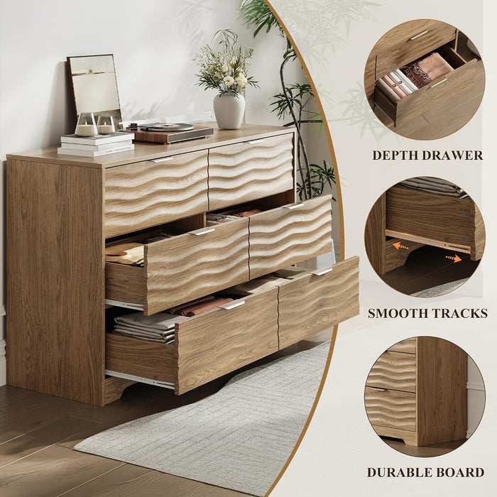 48" Wide 6 Drawers Dresser for Bedroom, Coastline Fluted Modern Dresser Drawer with Metal Handle, Storage Chest of TV Stand Organizers Wooden for Living Room, Hallway, Closet, Walnut Wood