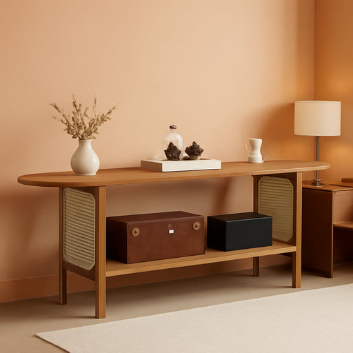 Bamboo TV Stand for Tvs up to 65", Accent Entertainment Center with Storage, Media Console Table with Rattan, Modern TV Stand for Living Room, Bedroom, 55"(L), Walnut