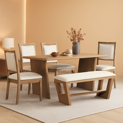 6-Piece Retro Dining Set, 1 Rectangular Table with Stable Trapezoidal Table Base and 4 Upholstered Chairs and 1 Bench for Dining Room and Kitchen, Natural Wood Wash