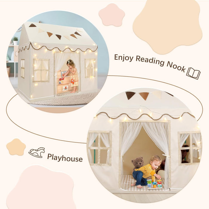 Kids Play Tent, Toddlers Large Playhouse with Mat, Star String, Flag, Machine Washable, Indoor and Outdoor Play Tent for Kids, Girls & Boy Aged 3+, 50" X 34" X 51", Cream