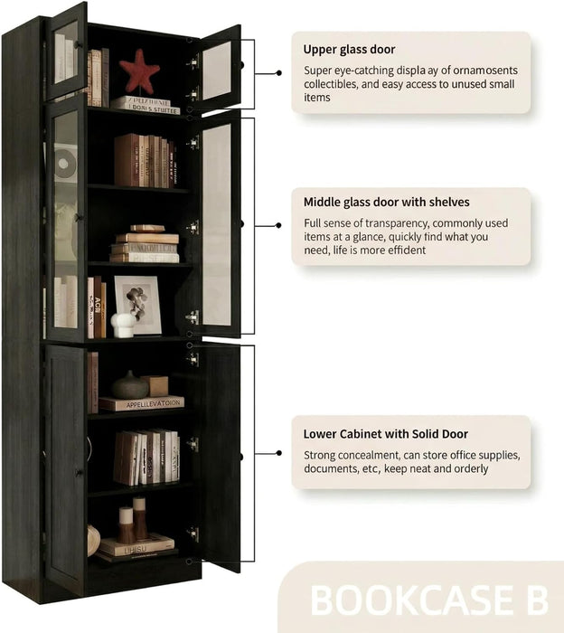 85.5" Modern Bookcase with Glass Doors Set of 4, 7-Tier Tall Wooden Bookshelf with Storage for Home Office, Large Curio Cabinet for Living Room, Office, Bedroom, Family Room (Black, ABBA)