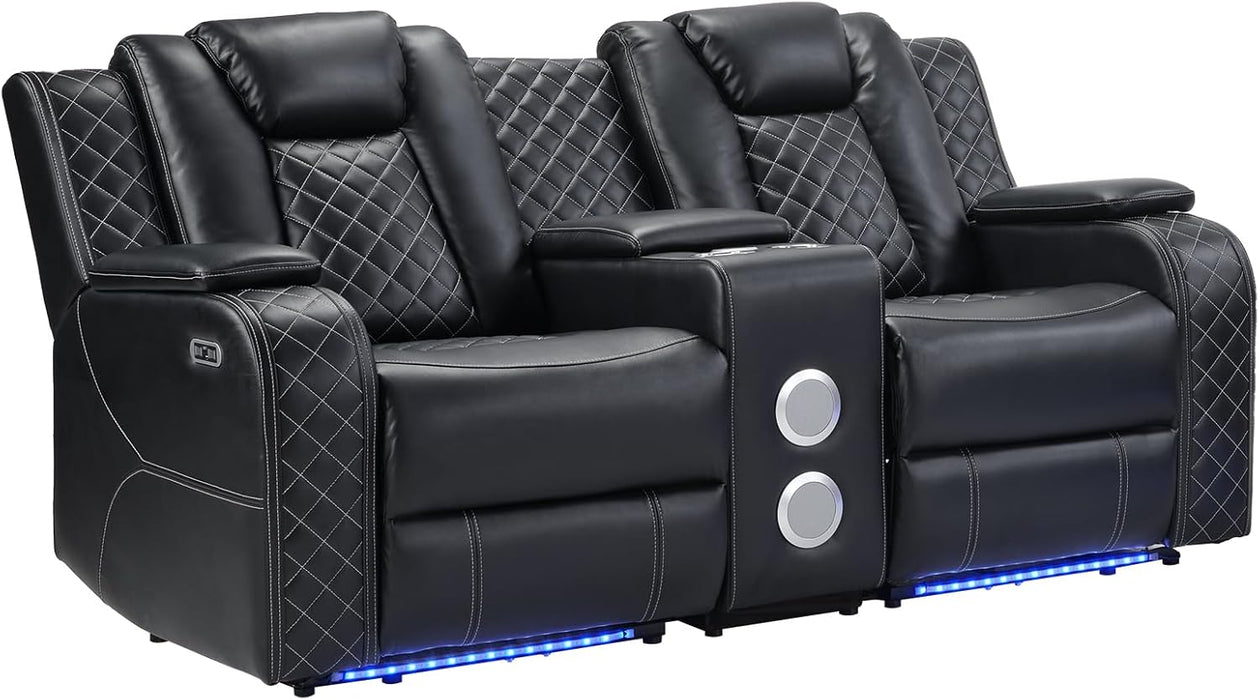 Home Theater Seating Seats, Power Loveseat Recliner Sofa with Center Console, Game Movie Reclining Couch with Ambient Lighting, Cup Holder, USB Ports, Bluetooth Speakers for Living Room, Black
