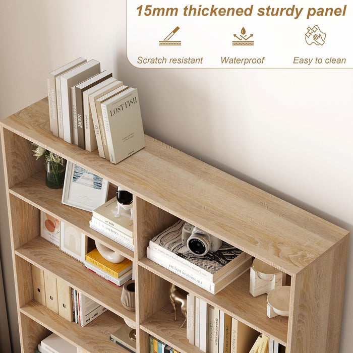 Bookshelf and Bookcase, 6-Tier Double Wide Bookshelves,Freestanding Display Storage Shelves, Tall Bookcases for Home Decor Bedroom, Living Room, Home Office, Light Oak