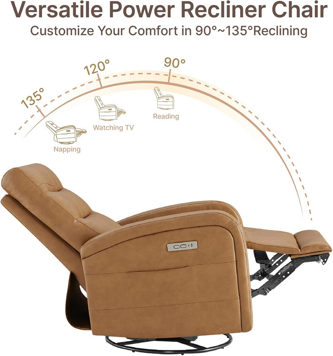 Power Swivel Recliner Chair, Faux Leather Recliner 270° Rotation Modern Nursery Glider, Ergonomic Armrest & Side Storage Pocket, Comfortable Armchair for Living Room Bedroom & Nursery
