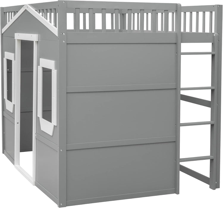 House Loft Bed Full Size Kids Playhouse Bed, Solid Wood Loft Bed Frame with Window and Ladder, for Kids Teens Adults (Full Size, Gray+White)