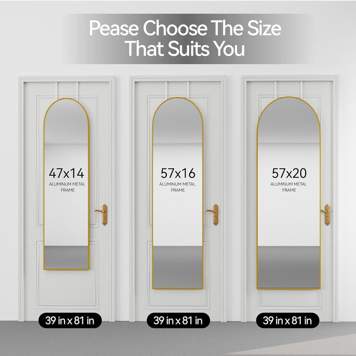 57X16 Door Hanging Full Length Mirror, Floor Stand (Height 5.7Ft Just Body In1.3Ft) / Wall Mounted Metal Frame Arch Dressing Mirrors for Bedroom Living Room 57 Inch Gold
