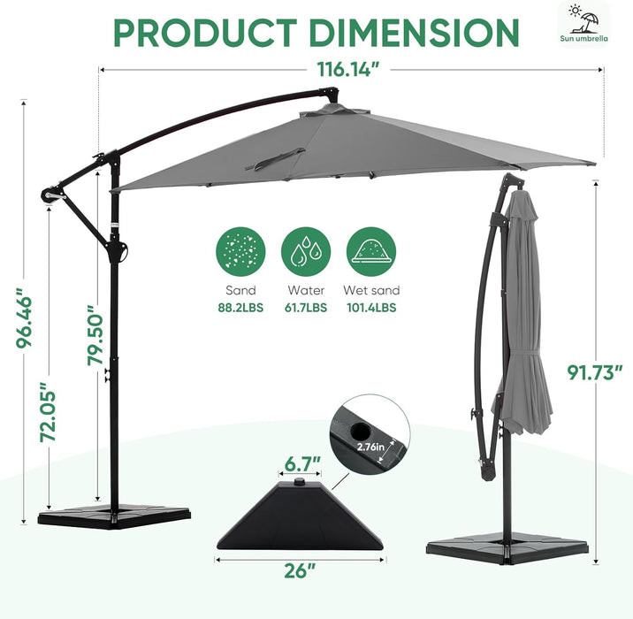 10FT Patio Umbrella, Offset Cantilever Outdoor Patio Table Umbrella, UV Protection, Fade Resistant Fabric, Easy Tilt Adjustment for Deck, Pool, Backyard, Garden