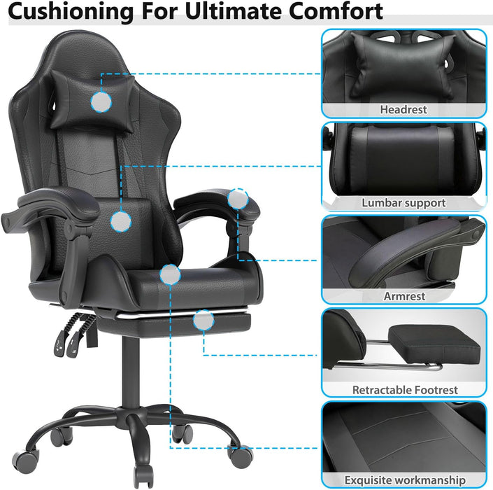 Gaming Chair with Headrest and Footrest for Home Office, Black