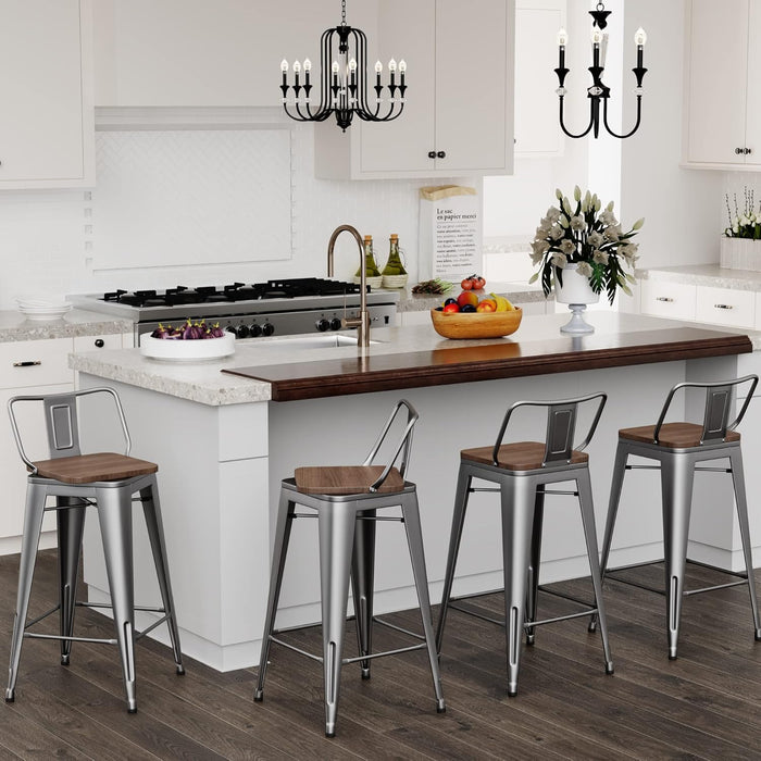 24 Inch Swivel Bar Stools Set of 4 with Backs Counter Height Industrial Barstools for Kitchen Island (Swivel 24 Inch, Silver Wooden)