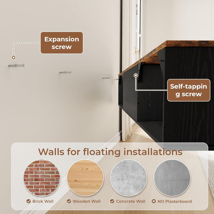 Floating TV Stand with Flip Doors, 70'' Farmhouse Floating TV Shelf for Tvs up to 90 Inch, 2 Tier Wall Mounted TV Stand, Floating Entertainment Center, TV Floating Cabinet for Living Room, Black