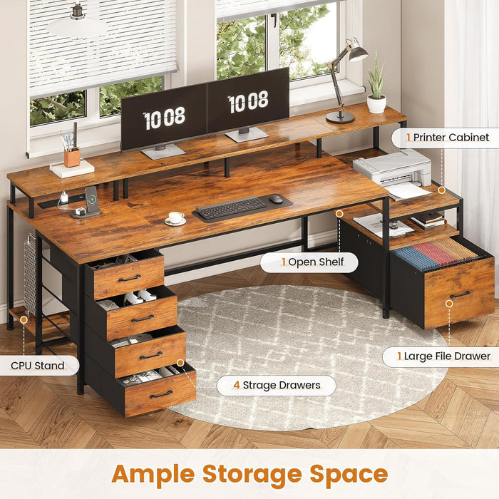 Home Office Desk with File Drawer & Power Outlet, 75'' Large Computer Desk with 5 Drawer, Storage Shelves, Monitor Shelf and Led Lights, 23.6" W Desktop Gaming Desk, Rustic Brown
