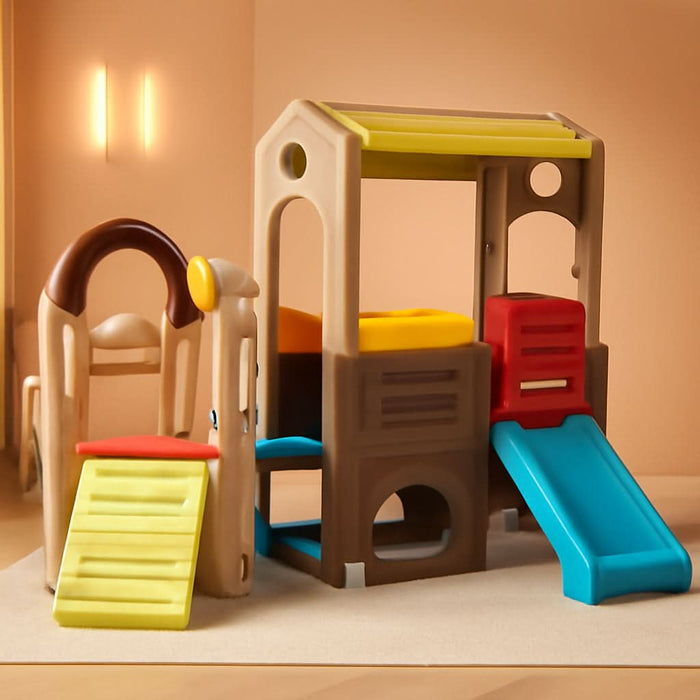 Young Explorers Indoor Outdoor Playset for Kids – Modular Climber, Slide & Playhouse Combo – Expandable Toddler Activity Center with Crawl Tunnel, Doors & Easel for Backyard or Playroom