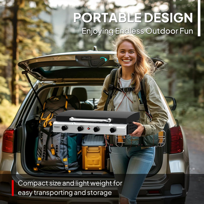 4 Burner Portable Propane Griddle with Enameled Tray & Lid, 40,000 BTU Tabletop Flat Top Gas Grill with Electronic Ignition & Regulator for Outdoor Cooking Camping BBQ Tailgating