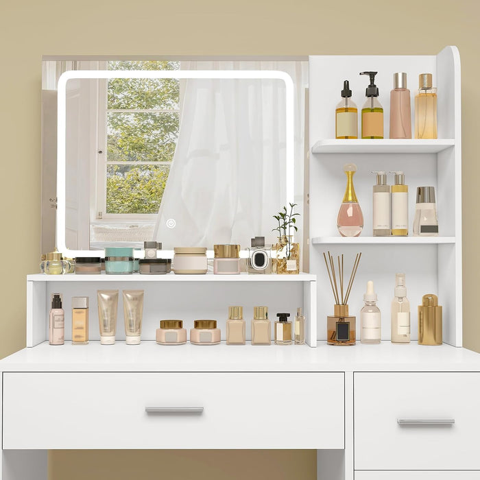 Makeup Vanity Desk with Liighted Mirror, Vanity Desk with 5 Drawers & Storage Shelves, Vanity Table, 3 Color Modes & Adjustable Brightness Dressing Table, Bedroom