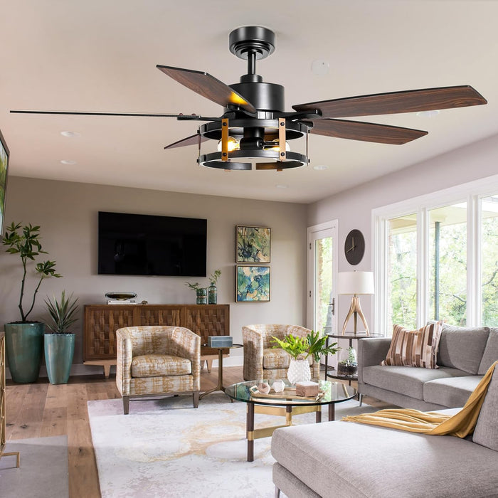 52 Inch Ceiling Fan with Light and Remote Control, Farmhouse Ceiling Fans with LED Lighting for Indoor and Outdoor, Black Caged Ceiling Fan for Bedroom Living Room and Garage