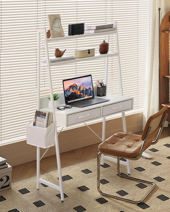 Freestanding Ladder Desks with Power Outlets, Small Home Office Study Reading Desks with 2 Fabric Drawers and Side Bag, Computer Gaming Desk Modern Vanity Dressing Makeup Desk (Elegant White, Ladder)