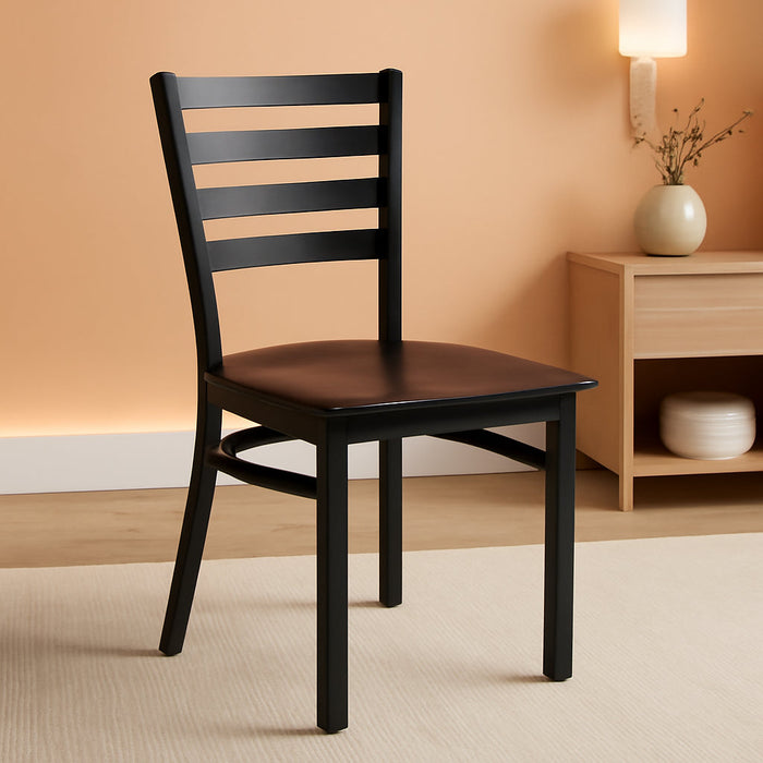 2 Pack HERCULES Series Black Ladder Back Metal Restaurant Chair - Walnut Wood Seat