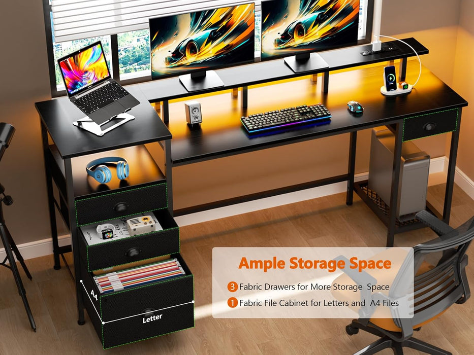 Black Computer Desk with 4 Drawers, 60" Long Office Desk with Fabric File Cabinet and Power Outlets, Gaming Desk with LED Lights, Study Writing Work Desk for Home Office